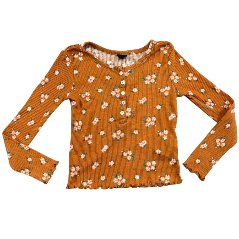Art Class Girls Rust Orange Floral Ribbed Henley Long Sleeve Top Size S 6/6X